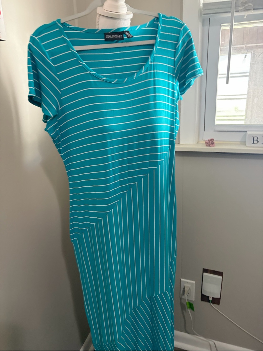 Nina Leonard Teal and White Striped Short Sleeve Maxi Dress